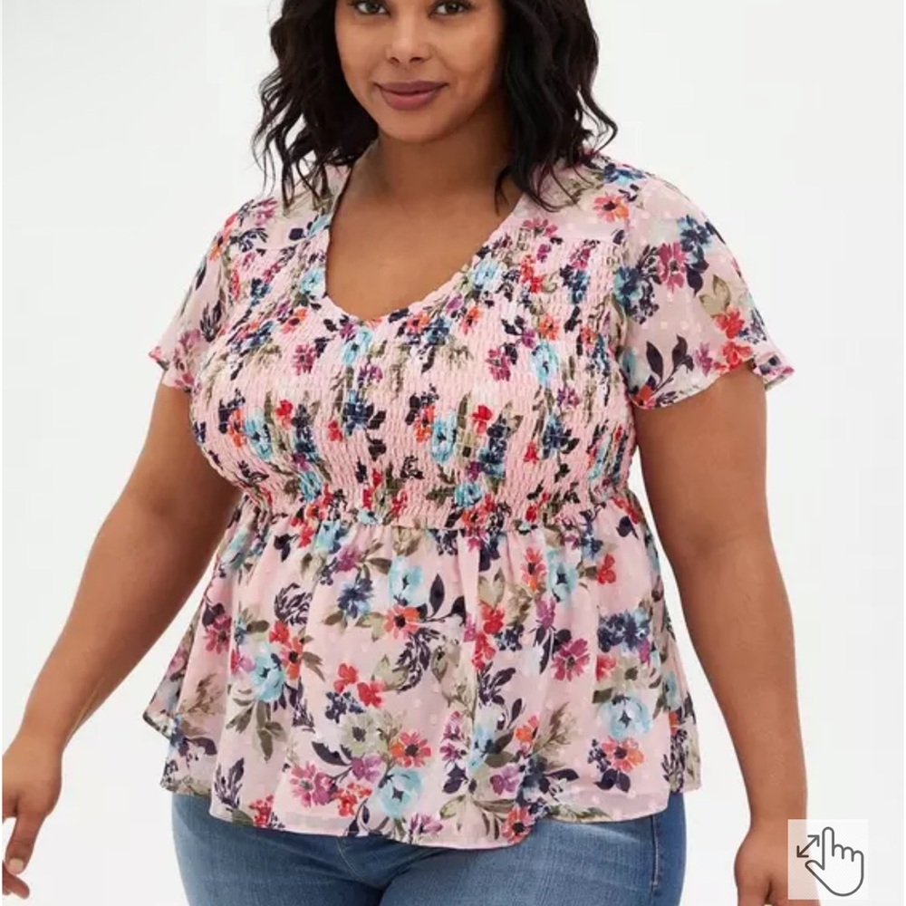 Torrid Floral Pink Peplum Chiffon Clip Dot Smocked Top Size 2